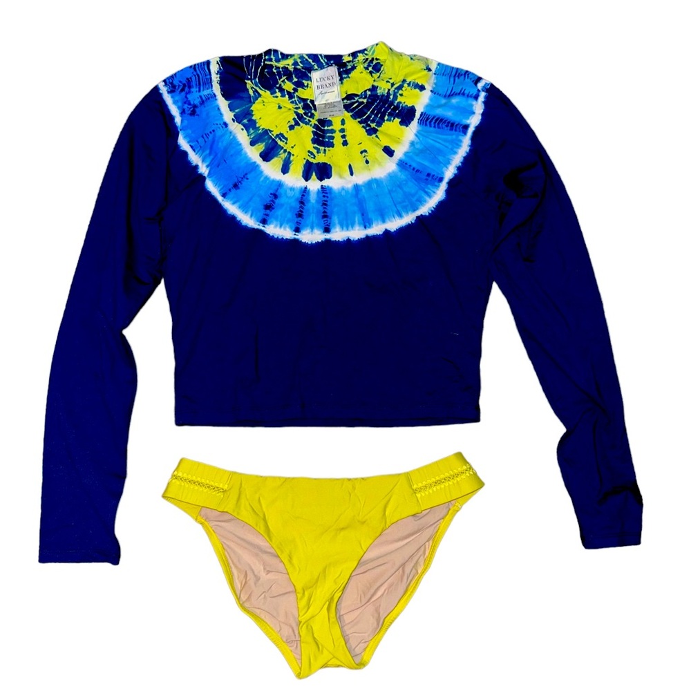 Neon yellow/ green PilyQ bottoms M and Luck Brand crop top rash guard M